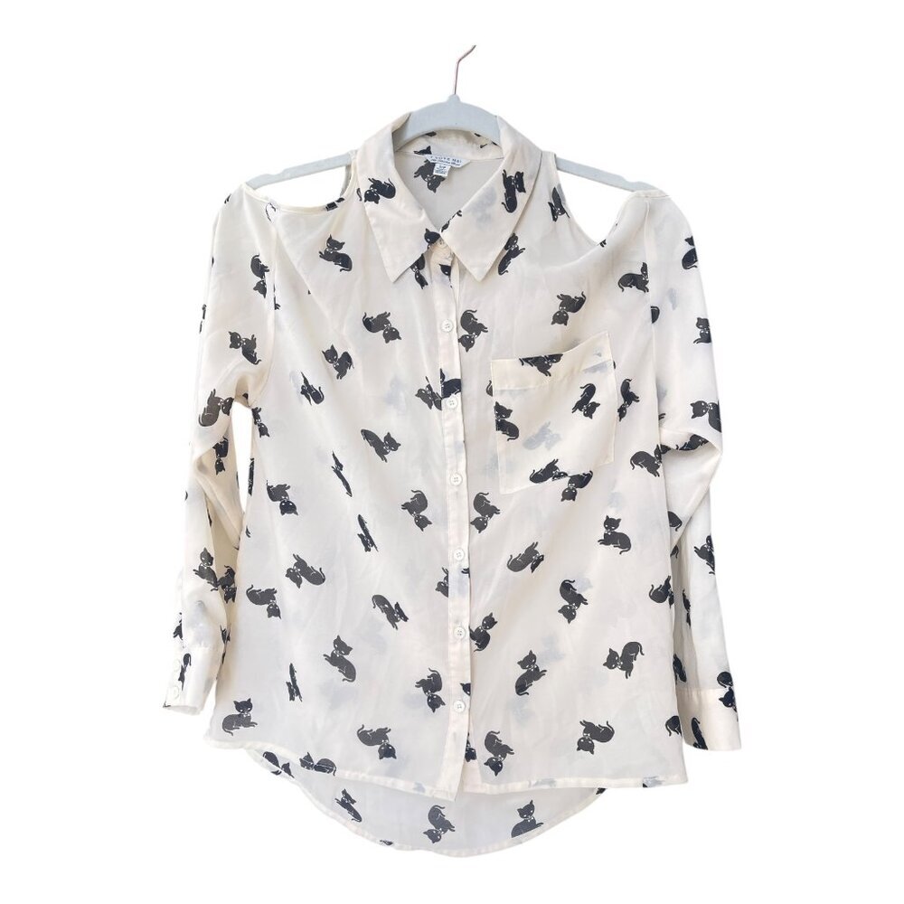 I love H81 Kitten Print blouse Women's Size S/P cream & black cat button down